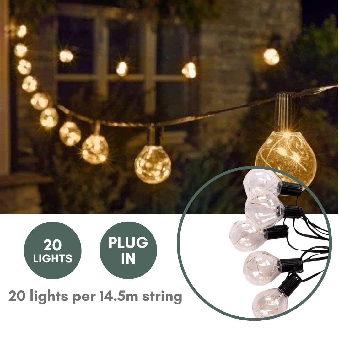 Garden Mile White String Outdoor Lights Mains Powered 14.5m/47ft Waterproof Electric Fairy Festoon Lights Outdoors for Fence Gazebo Balcony Patio Garden Party Festival Outdoor Christmas Lights - Image 2