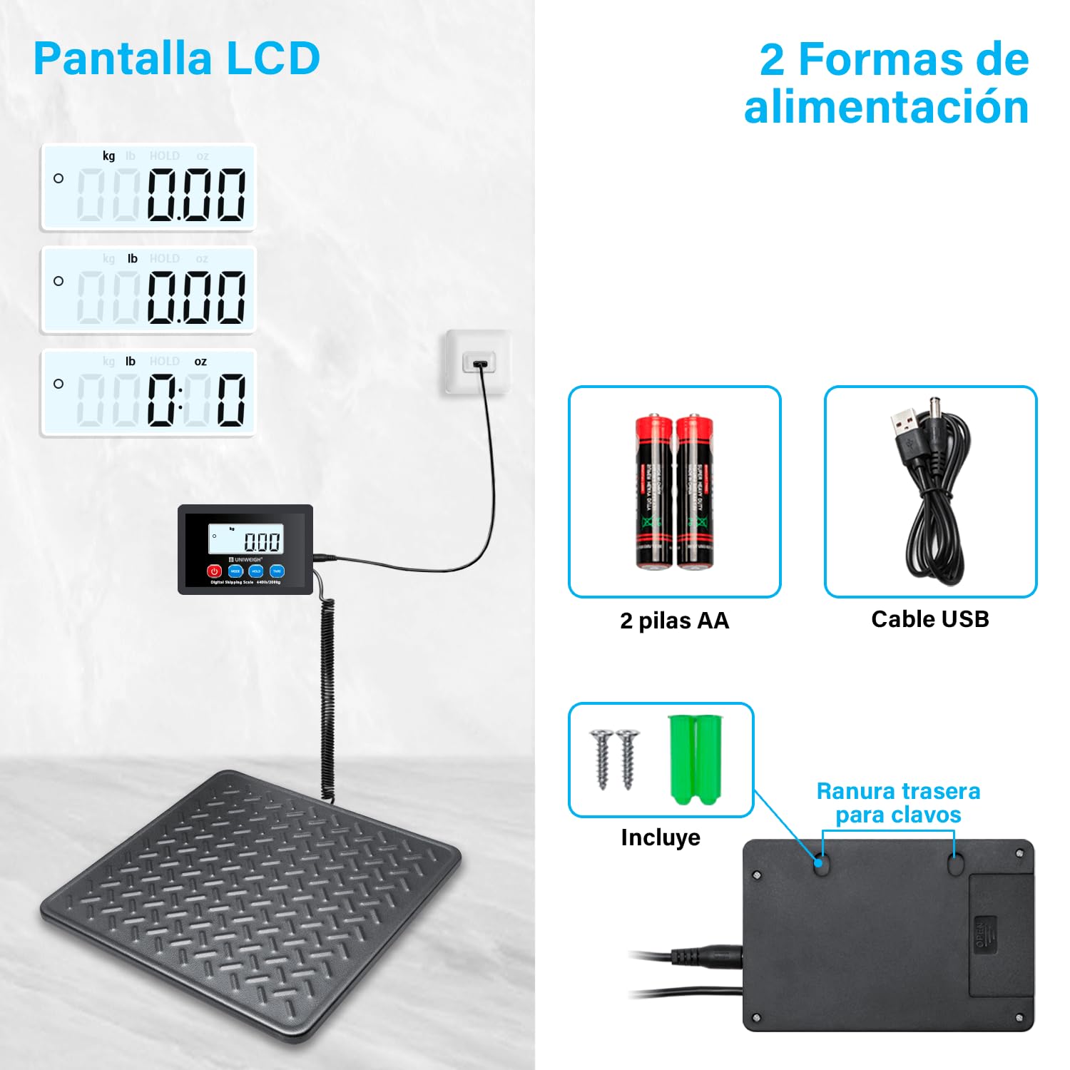 UNIWEIGH Báscula digital de precisión 10 g, plataforma de acero duradera, para paquetes/almacenes/equipaje, báscula de paquete con LCD/Hold/Tara, pilas y USB