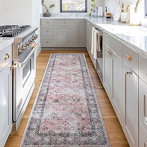 Rugcomf Runner Rug 2’6”x8′ Hallway Runner Rug Washable Boho Rug Soft Area Rug Non-Slip Faux Wool Vintage Rug for Kitchen, Entryway, Laundry, Bedroom, Indoor (Pink)