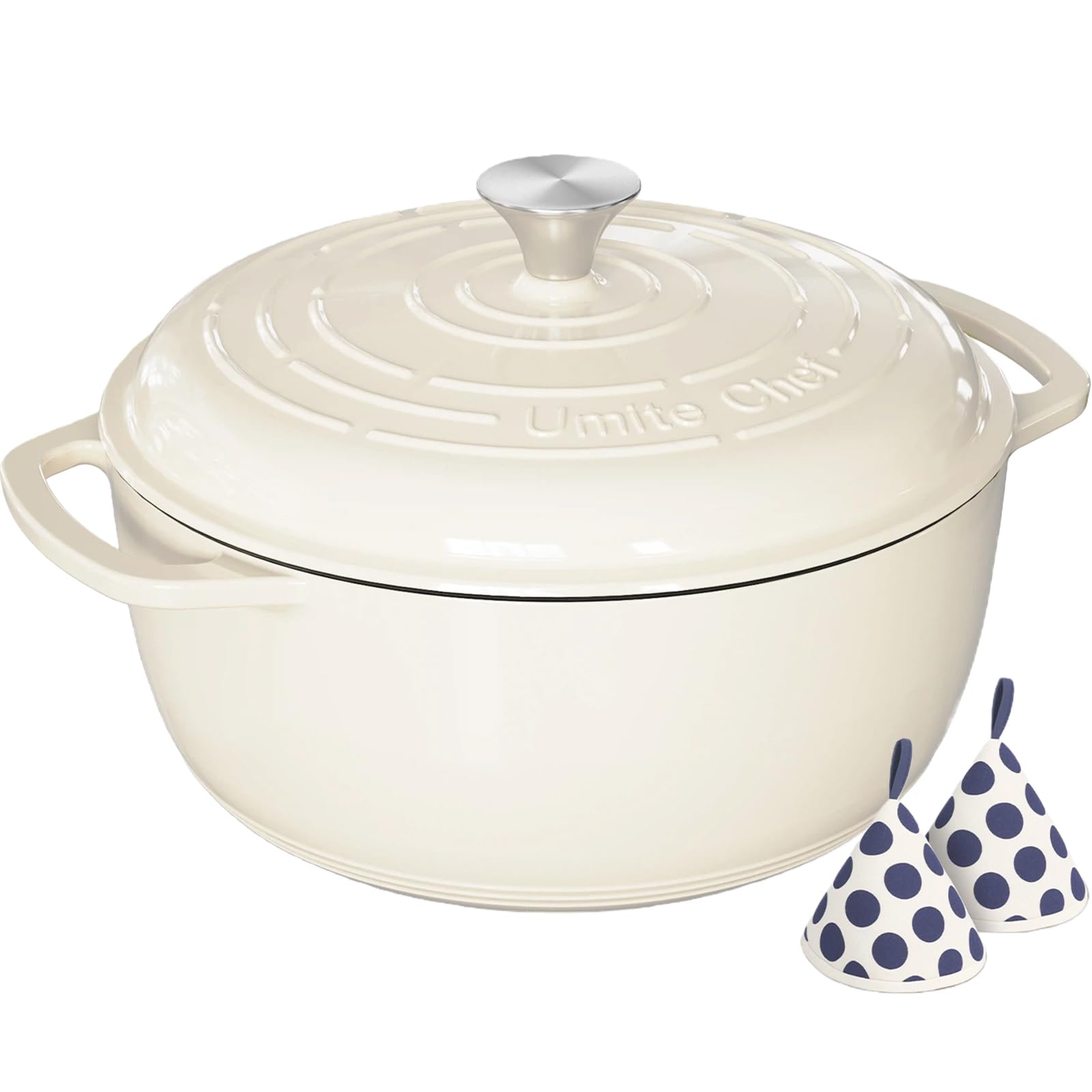 Umite Chef 6QT Enameled Cast Iron Dutch Oven with Lid, Versatile Heavy-Duty Cookware Pot for Baking Bread, Braising, Soups & Stews, Oven & Stovetop Safe with Heat Resistant Gloves-Cream White