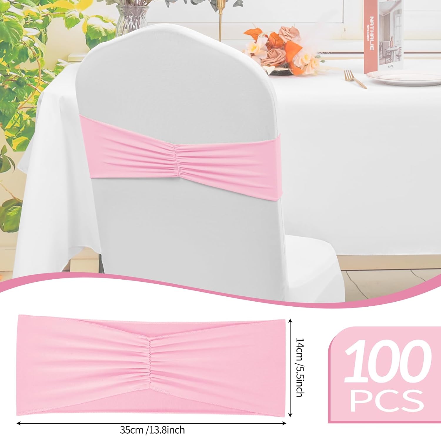 100 PCS Spandex Chair Sashes Bands Stretch Chair Bow Tie Bands Without Buckle Pink Elastic Chair Cover Bands Sashes for Wedding Birthday Party Baby Shower Banquet Events Decorations