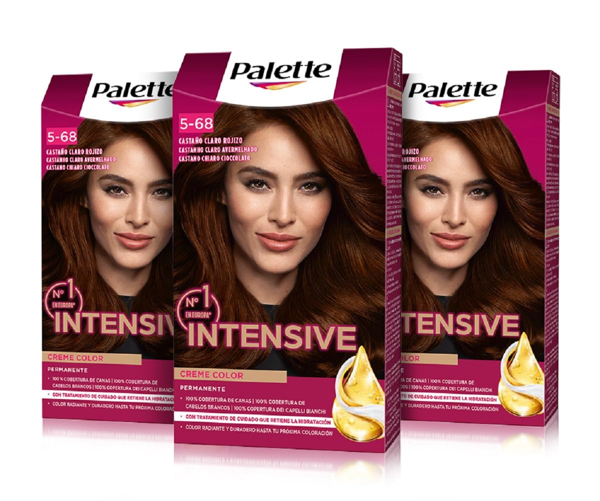 Palette Intensive Creme Color 5-68 Castaño Claro Rojizo, tinte permanente con aceite de macadamia y almendras, cubre el 100% de las canas y raíces, para un pelo radiante, Pack 3
