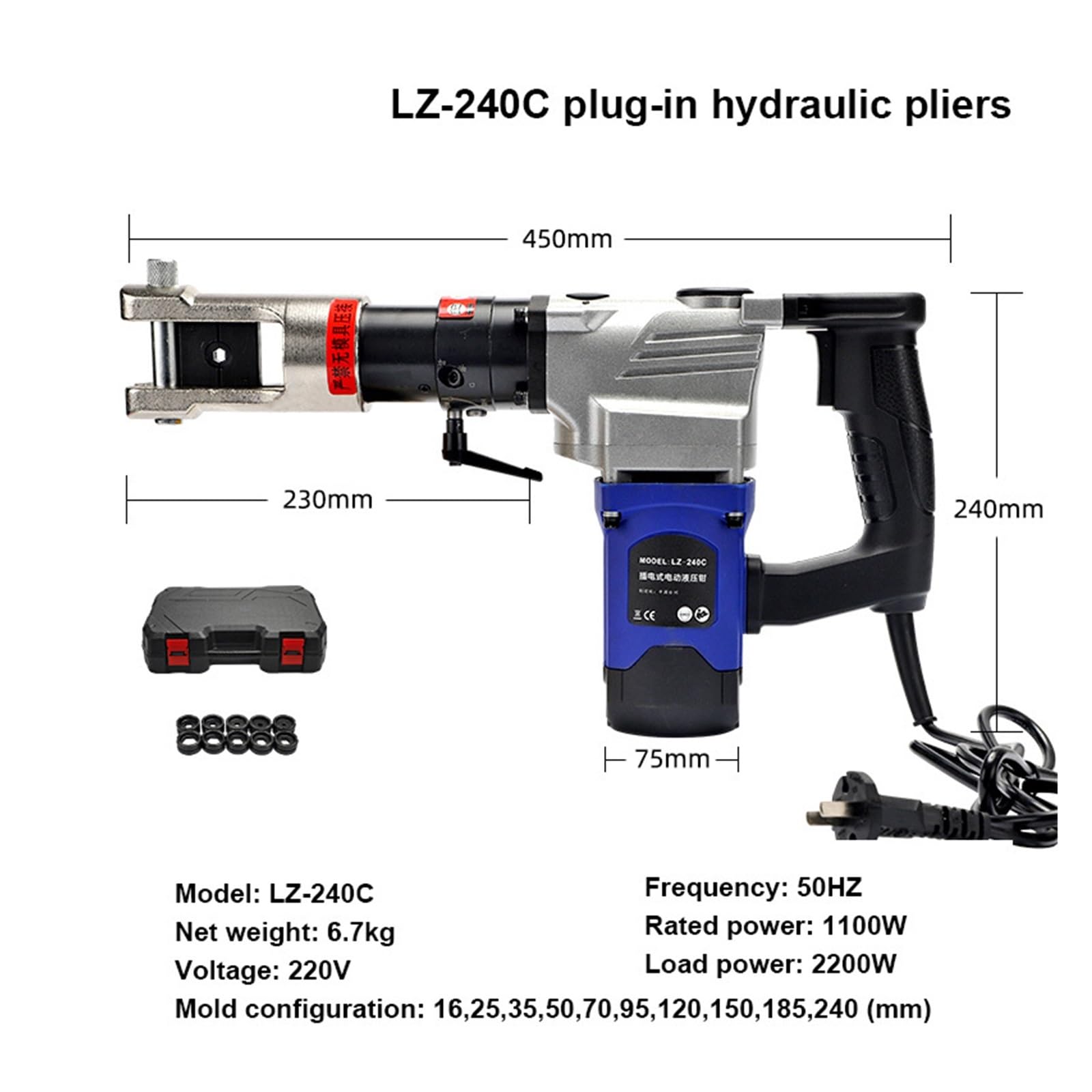 LZ-400C elektryczne szczypce hydrauliczne, narzędzie do zaciskania kabli elektrycznych, szczypce do zaciskania końcówek Cu/Al zakres 16-400mm²(LZ-240C)