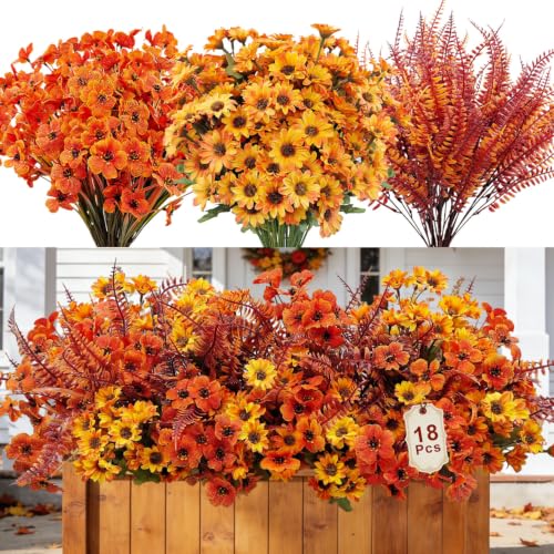 YILIUFA 18 Bundles Artificial Fall Flowers for Outdoors Decoration UV Resistant Fake Mums Faux Fall Plants Boston Fern for Outside Porch Garden Planter Patio Home Indoor Autumn Decor