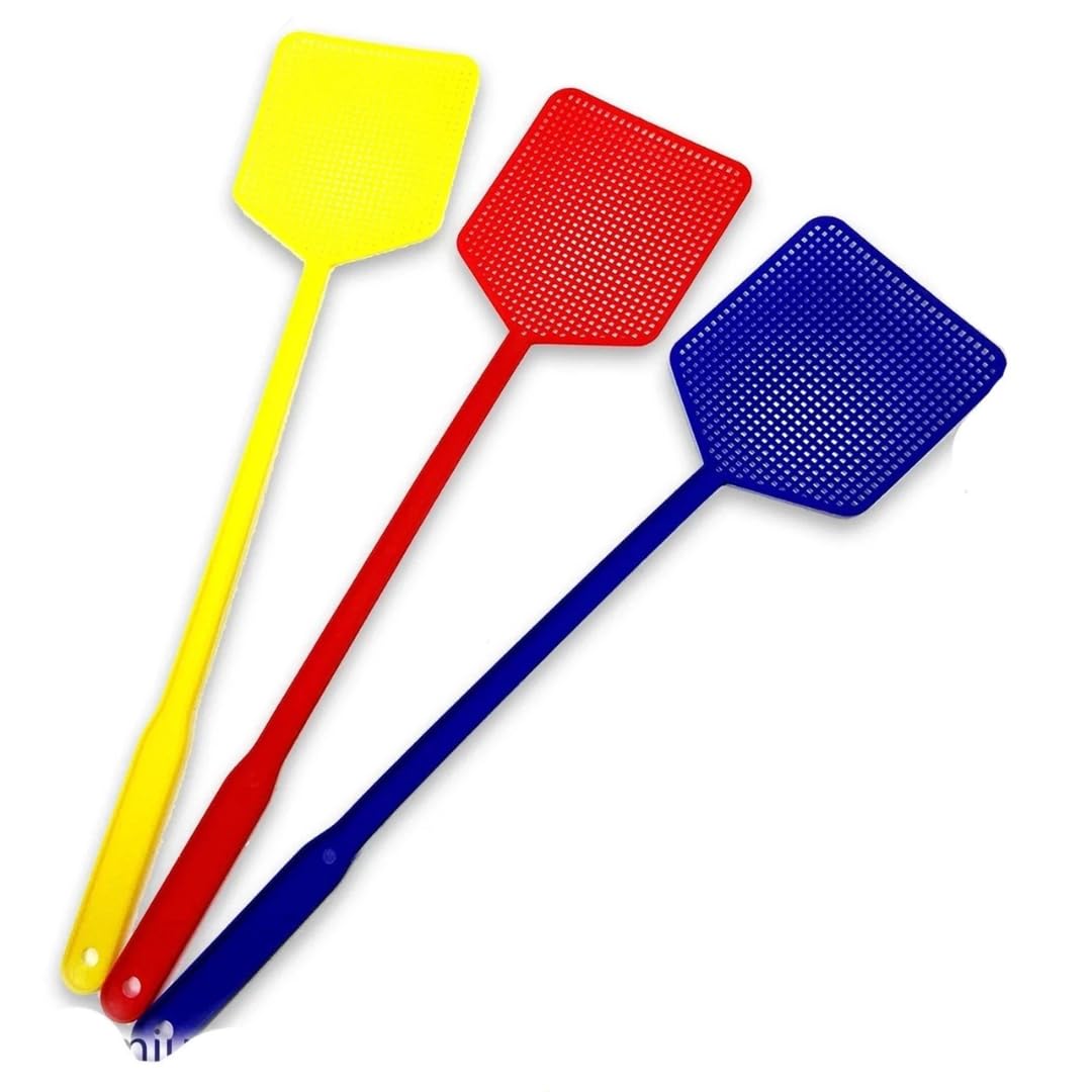 3x Fly Swatters Plastic Long Handle 46cm Indoor & Outdoor Bug Swatter Set Large Head, Lightweight & Easy Grip Assorted Bright Colours Pack of 3