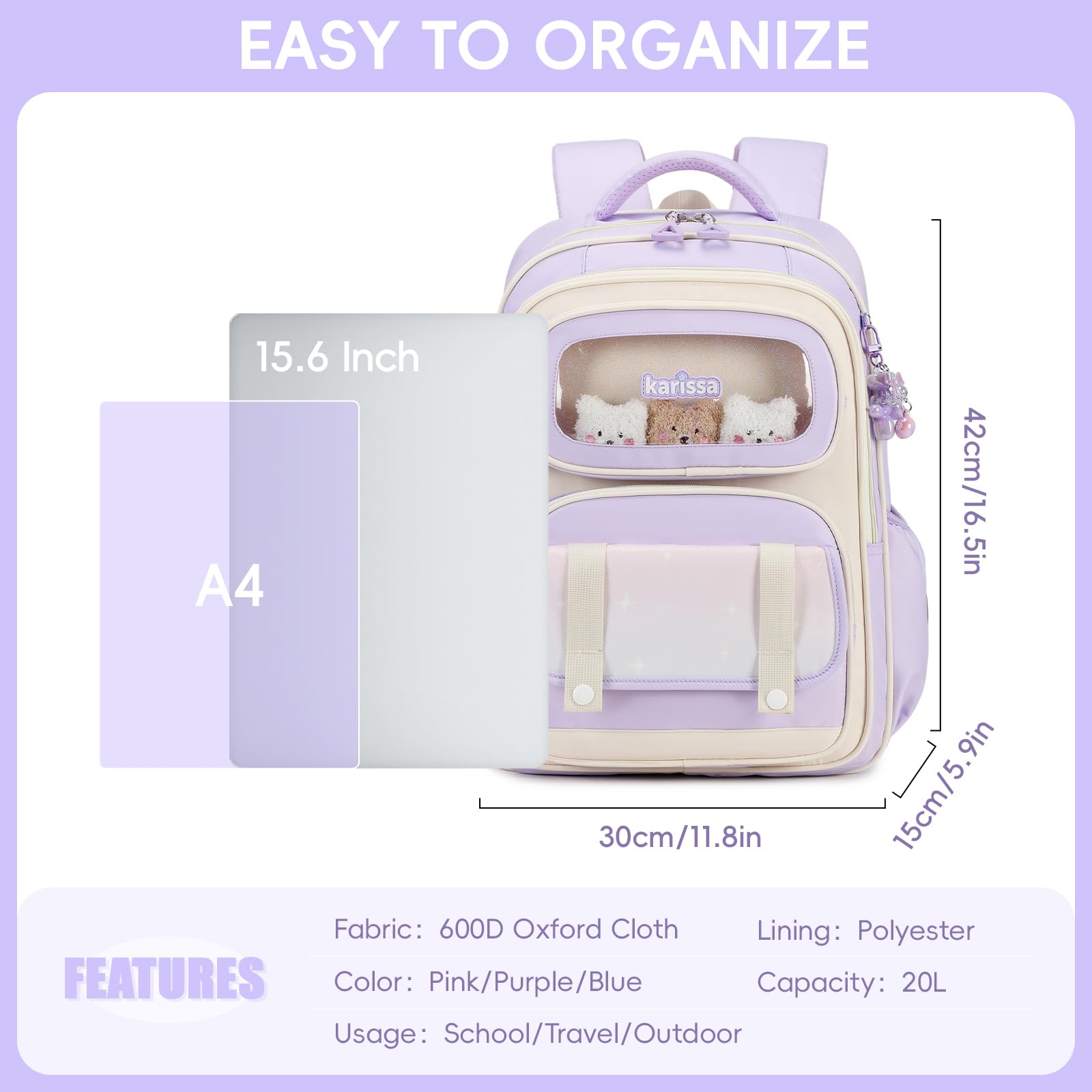 Tanou Schultasche Mädchen Rucksack Kinder Ergonomic, 20 Liter, Lila | Schulrucksack Kinderrucksack der 1. bis 5. Klasse, Lässiger Ranzen Teenager für die Schule Reisen