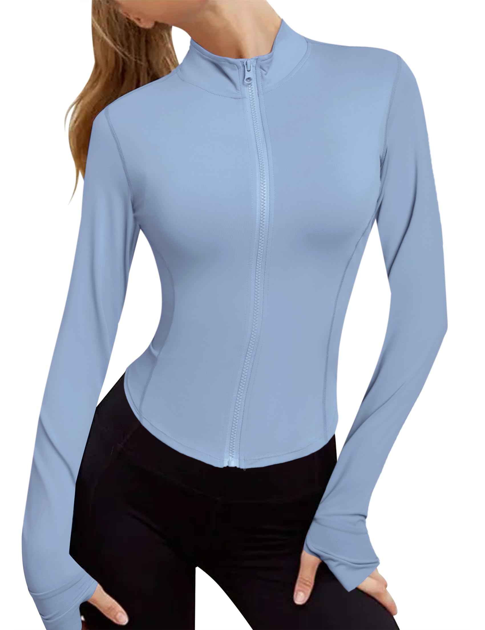Terecey Giacca Sportiva Donna con Zip Giacca da Corsa Traspirante Leggera Giacca Running Donna a Maniche Lunghe con Fori per i Pollici per Yoga Jogging Fitness S-XXL