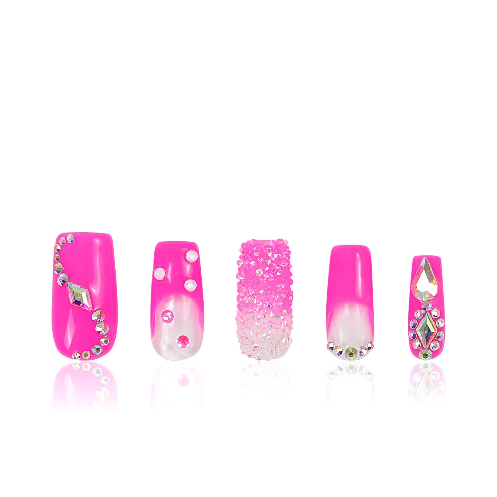 LOVFUL Press on Nails Pink Typhoon| Handmade with Full Covered Crystals | Reusable Fake Nails | Square Regular 1.0 in | H38-S