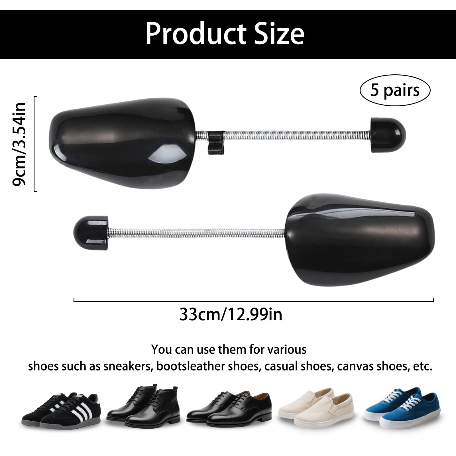 Set de 5 Pares Horma Zapatos Ajustable, Hormas de Plástico, Hormas Zapatos Hombre, Horma Zapatos Eu La Talla 39-47, Adecuado para Zapatos de Cuero y Zapatos Deportivos (Negro, Hombres)