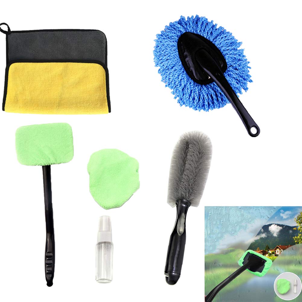 Car Cleaning Kit Wheel Brush Auto Dust Collector Tire Brush Air Conditioning Microfiber Thicken Towel Windshield Cleaning Tool Small Spray Bottle Gentle Effective Car Wash Tool Set Canvas Bag(6 Packs)