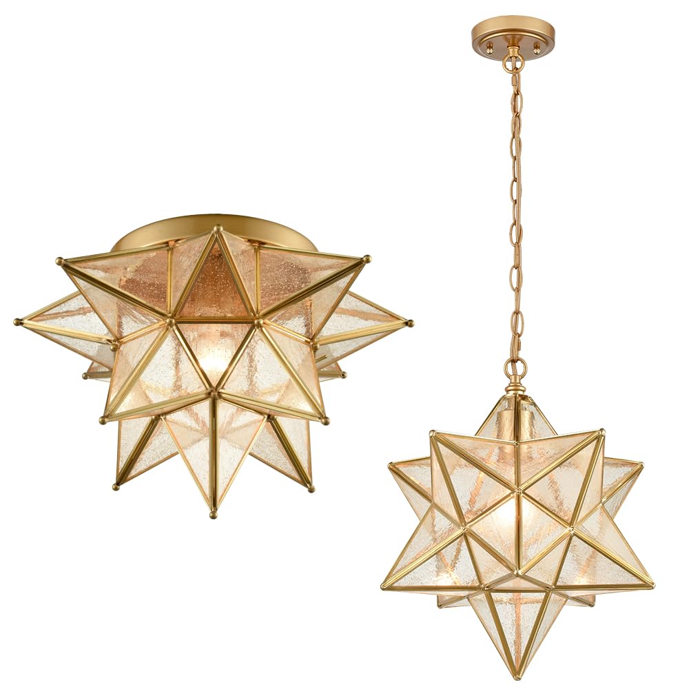 DAYCENT15-in Gold Moravian Star Flush Mount Ceiling Light & 13.5-in Pendant Light Bundle