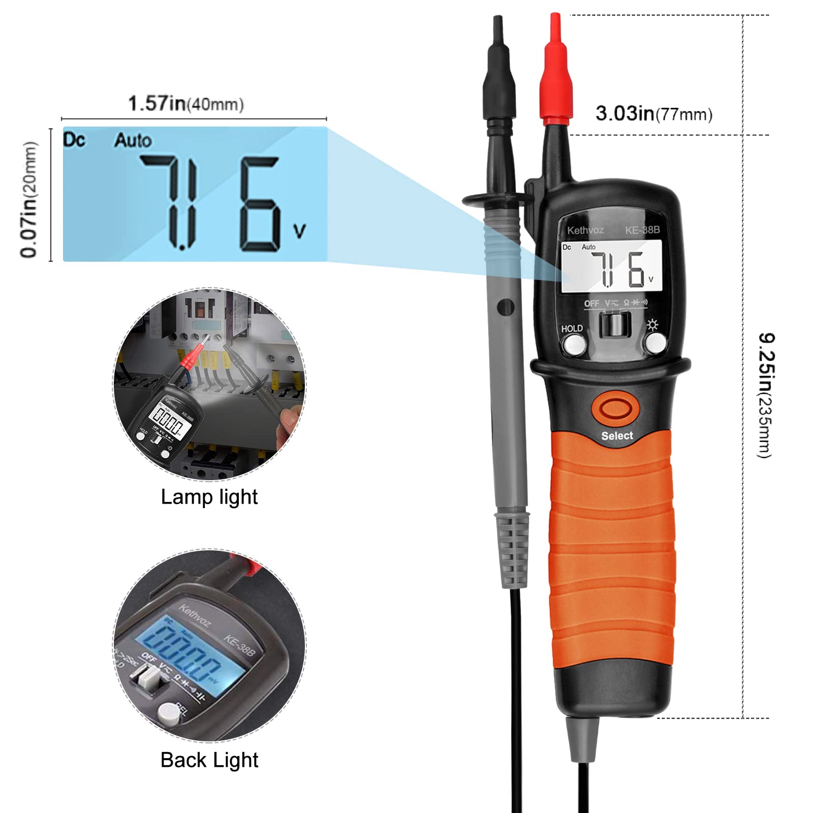 Zweipolig Spannungsprüfer Durchgangsprüfer, Kethvoz Digitales Multimeter 600V Voltmeter Messen AC/DC Spannung Widerstand Diode, Elektrisch Messgerät Spannungsmesser KE-38B