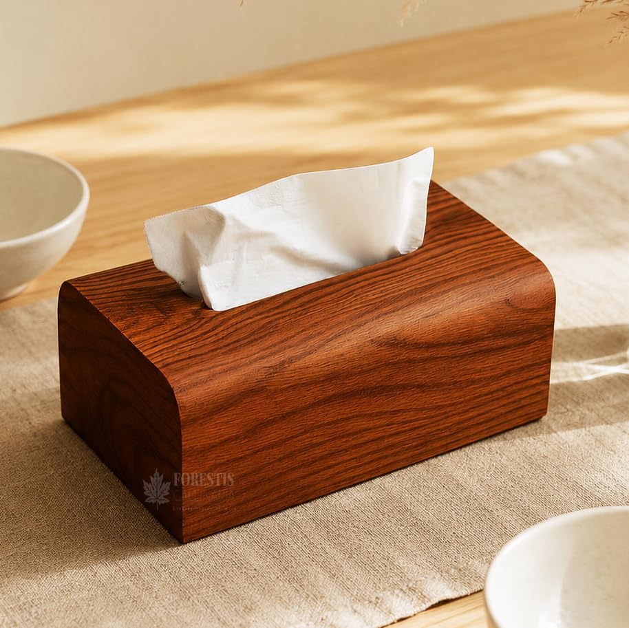 Image of Wooden Tissue Box| Rosewood Napkin Box| Tissue Holder Organizer for Table, Home, Office, Car| Rectangular Facial Paper Cloth Storage Case| Dispenser (9X5 Inches, Rosewood Edgy)