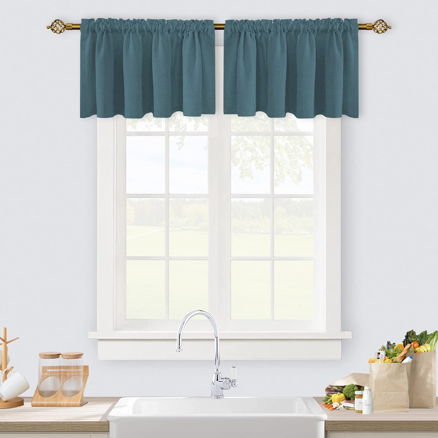 ALLJOY 2 Panels 100% Blackout Curtain Valances for Kitchen Windows/Living Room/Bedroom Privacy/Kids Child Baby Nursery Room Decorative Rod Pocket Short Window Valance, W52 x L18 Inch, Teal