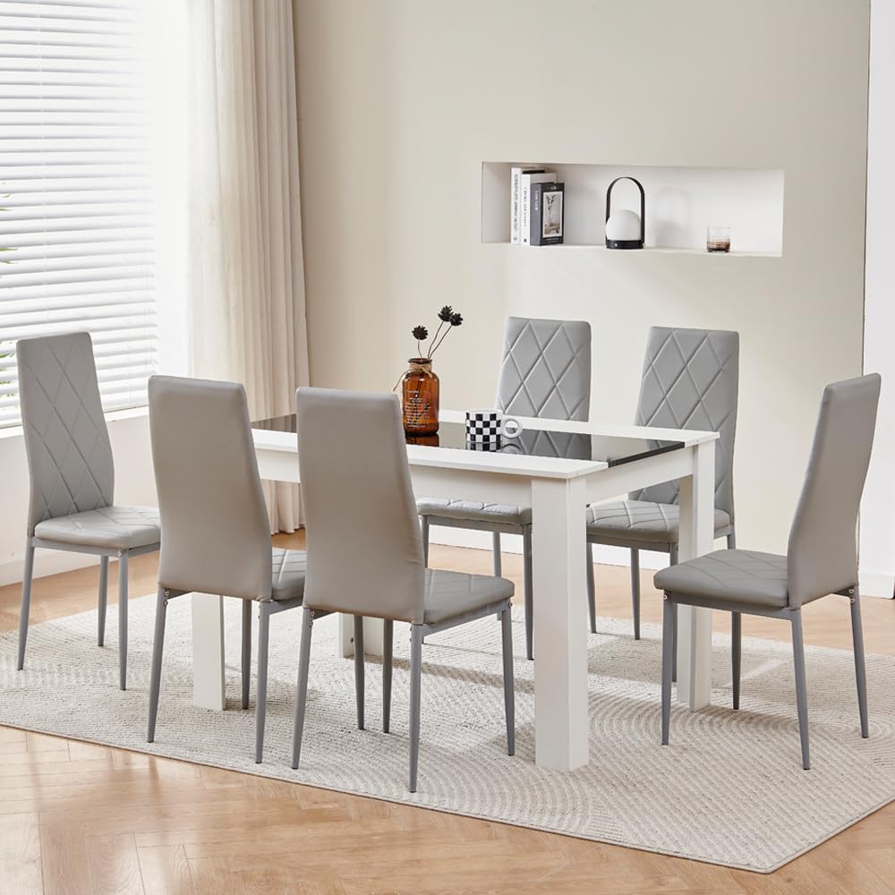 Rainbow Tree 120cm Large Dining Table Set of 6, Modern Dining Table with 6 Grey Leather Dining Chairs for Dining Room, Kitchen Set for Family Wooden