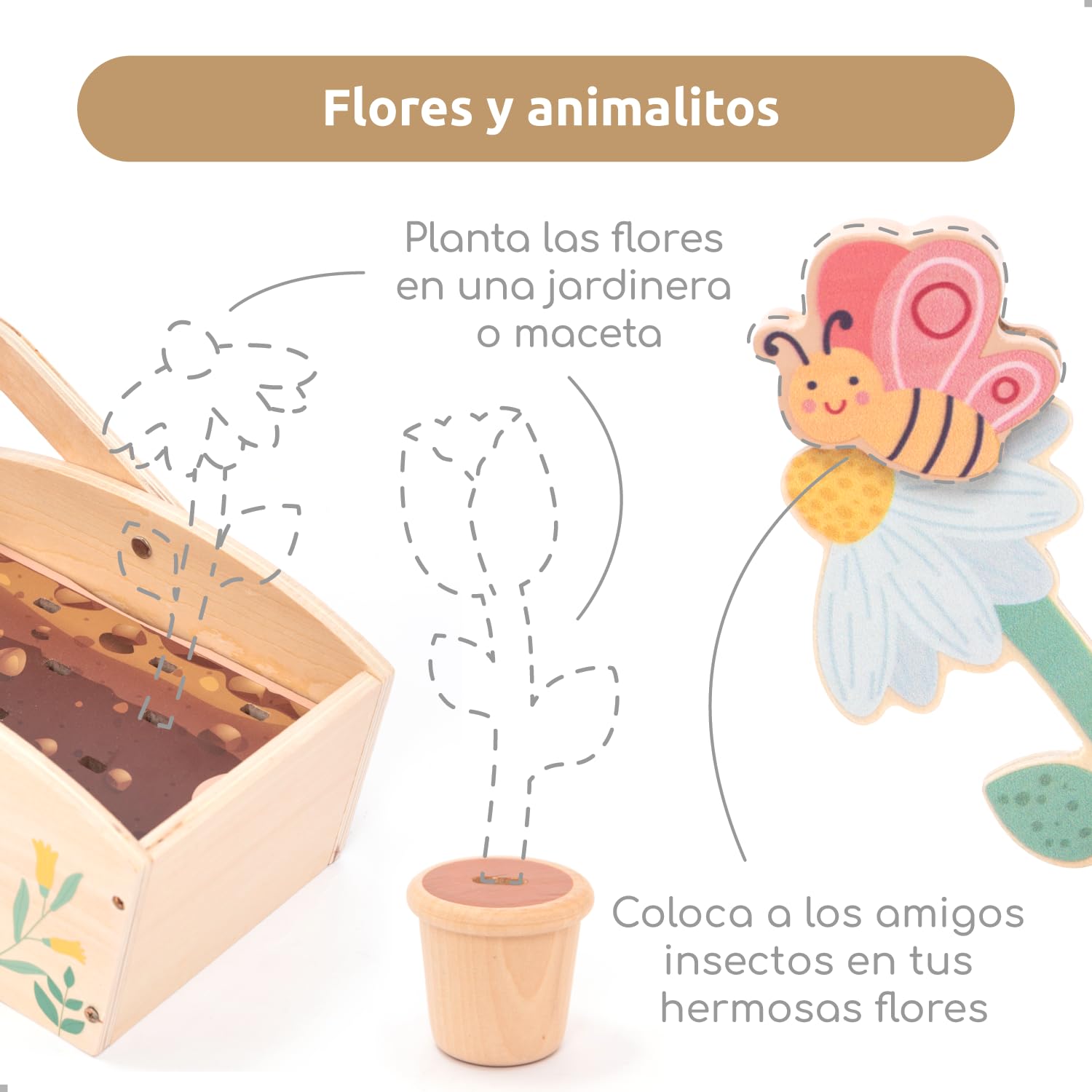 umu® Juego de jardín de madera para niños con accesorios – Juguetes de jardín para niños, juego de herramientas de jardín para niñas y niños, regadera, pala, rastrillo, juguete educativo a partir de