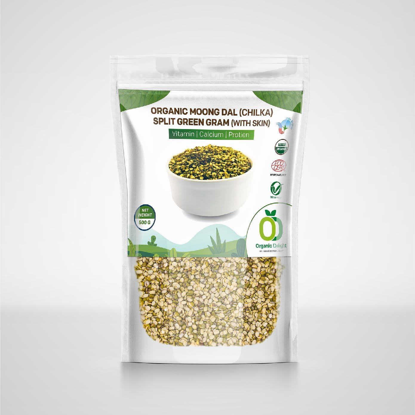 Organic Delight Moong Dal Chilka – 1kg, Split Green Gram with Skin – 100% Natural, Gluten Free – Khichdi Special Unpolished Hari Moong/Sabut Dal – Rich in Fiber & Protein -USDA Certified Pulses