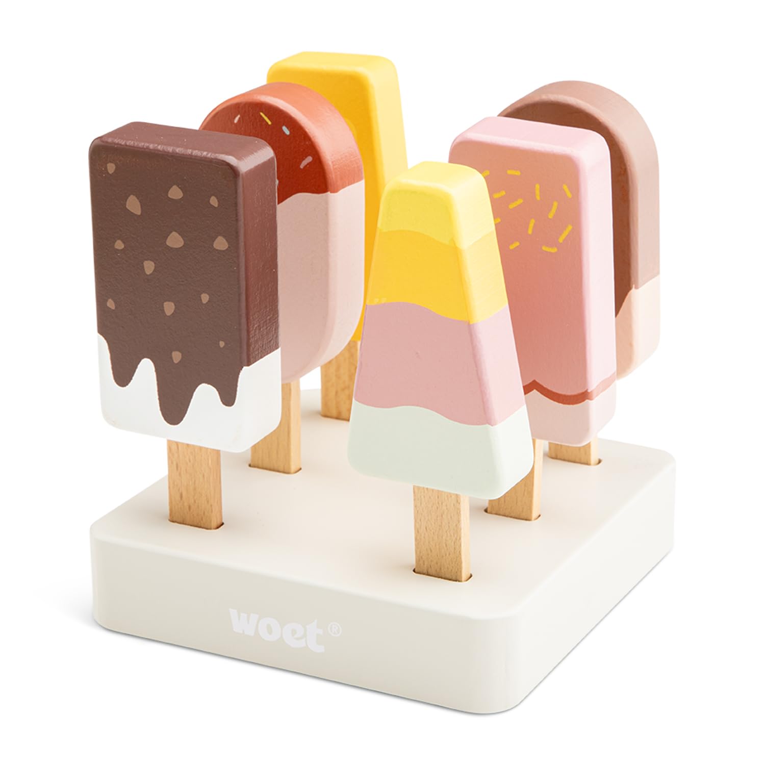 Woet Wooden Ice Cream Play Food Set – FSC Pretend Role Play Dessert Toys for Kids 3+ – Educational Toy with Ice Lollies, Cones & Macarons – Colorful Gift for Boys and Girls