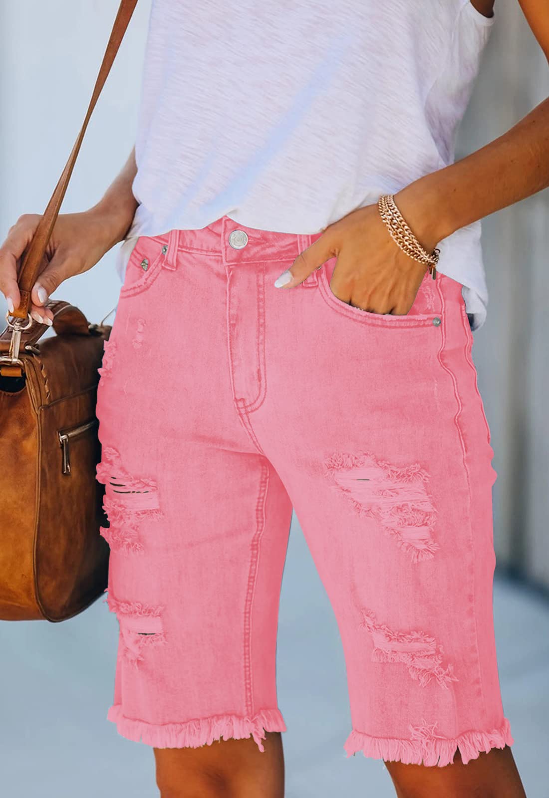 Ancapelion Damen Casual Denim Shorts Mid Waist Bermuda Jeans Shorts Raw Hem Ripped Hole Jeans mit Taschen