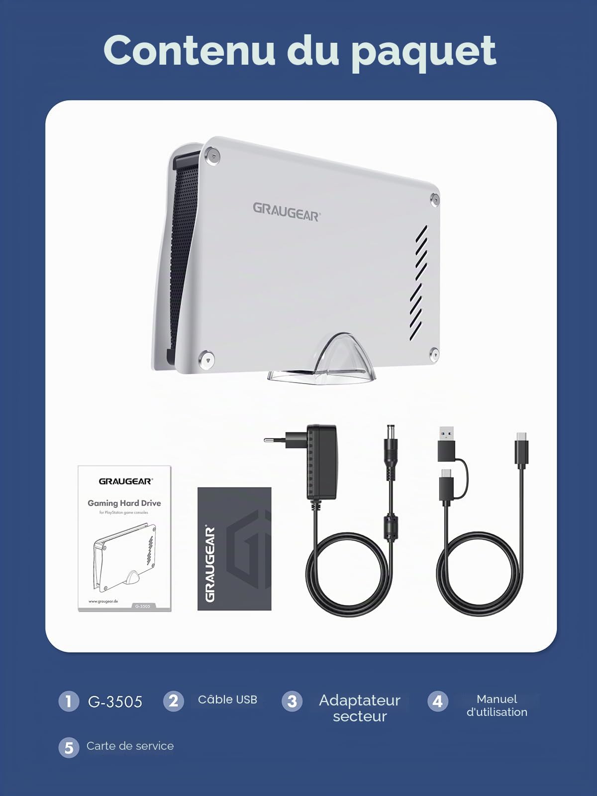 GRAUGEAR Disque Dur Externe 4TB - Compatible PS5/PS4, Haute Vitesse USB 3.2, Boîtier Durable en Aluminium, avec Câbles USB-C et USB-A