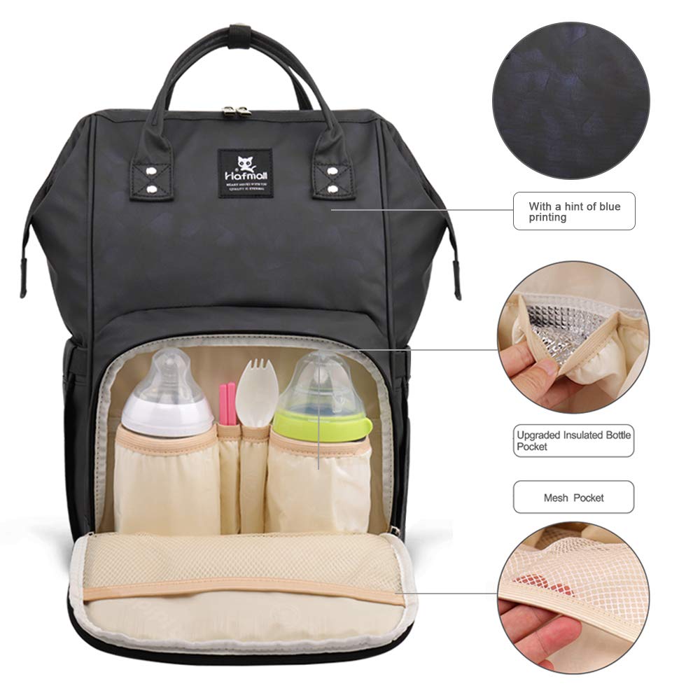 Hafmall Sac à Dos à Langer Imperméable à L'eau Sac de Bébé Voyage,Sac à langer Stylé de Grande Capacité avec Tapis à Langer et Crochets de Poussette (Noir)