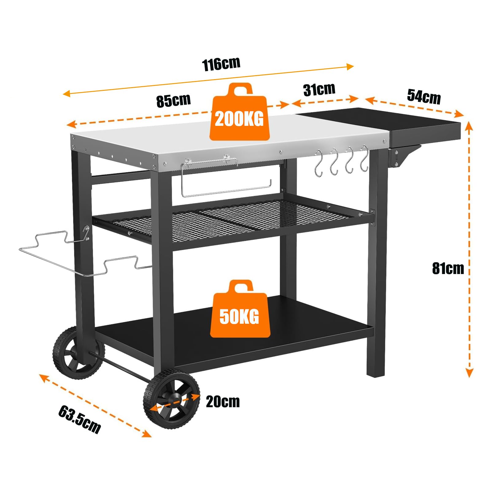GFTIME Mesa de barbacoa de acero inoxidable con 3 niveles, soporte para horno de pizza, mesa de barbacoa para exteriores, carrito de trabajo con 4 ganchos, carrito de servicio al aire libre, mesa