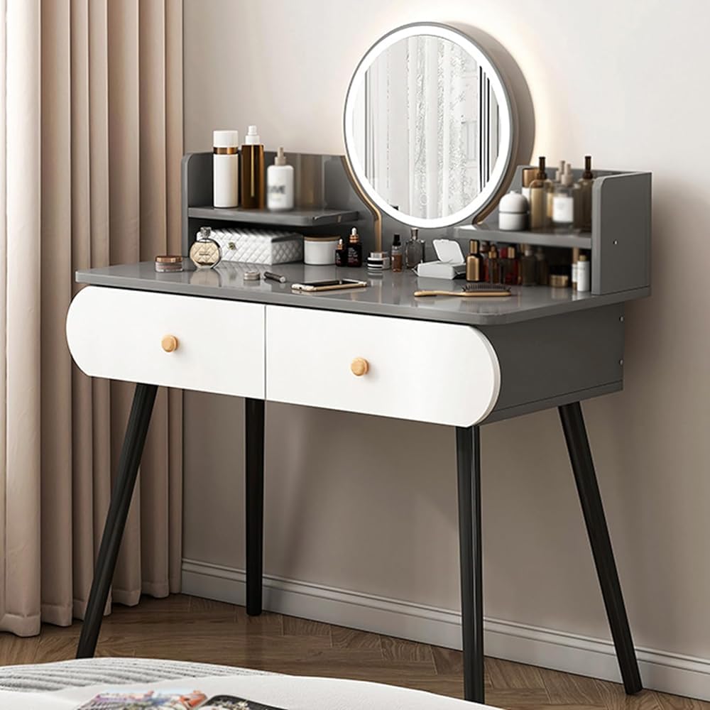 Tavolo da trucco illuminato con luminosità regolabile, 3 opzioni di colore, elegante scrivania per il trucco con cassetti Elegante design bianco e nero per gli amanti della bellezza