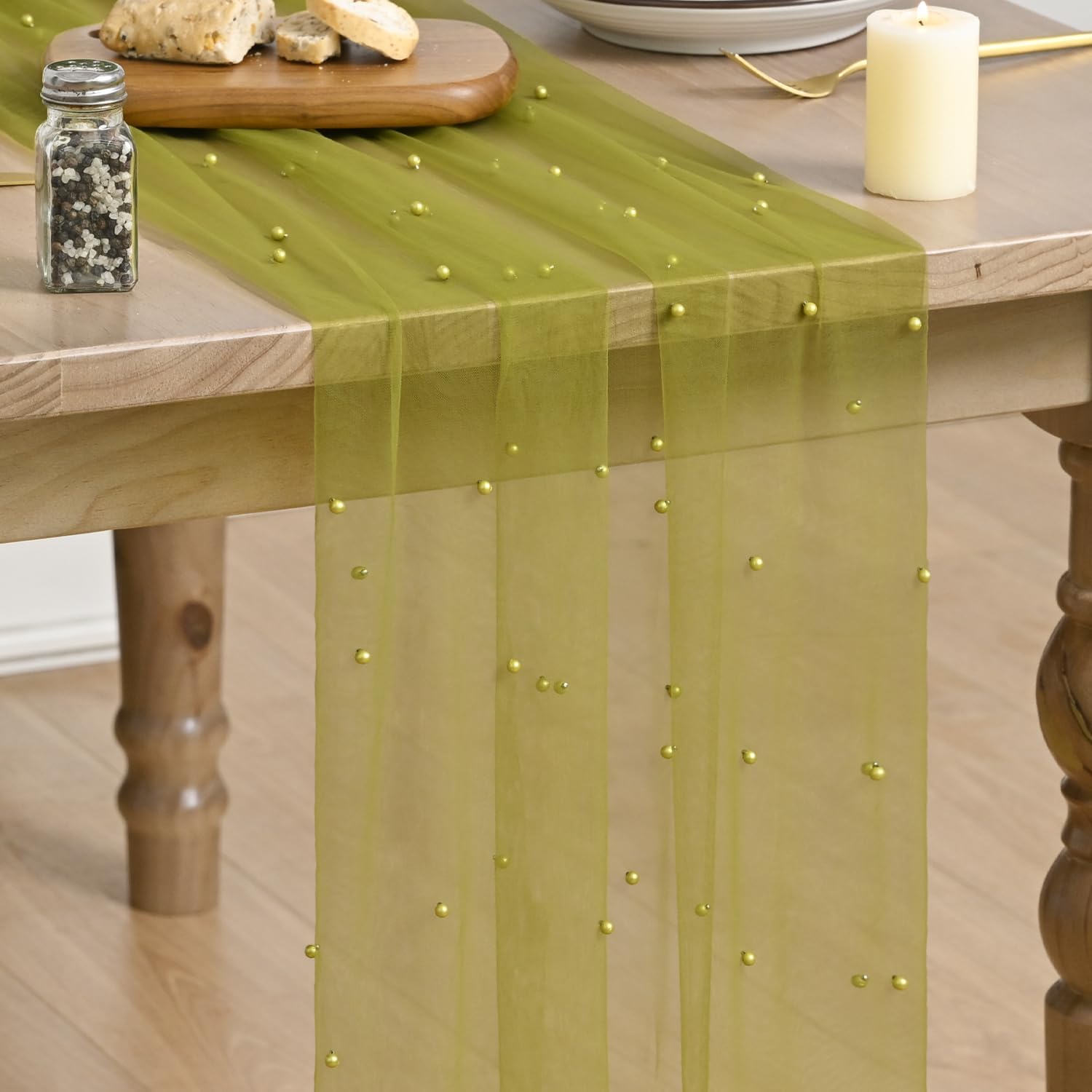 Olive Green Gauze Metallic Table Runner 120"