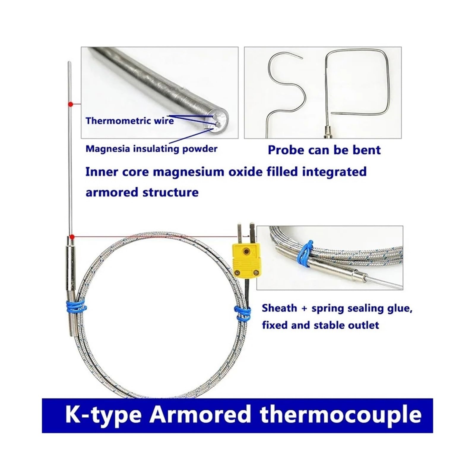 Termopar blindado tipo K sensor de temperatura alambre flexible(Probe diam 6X1000mm)