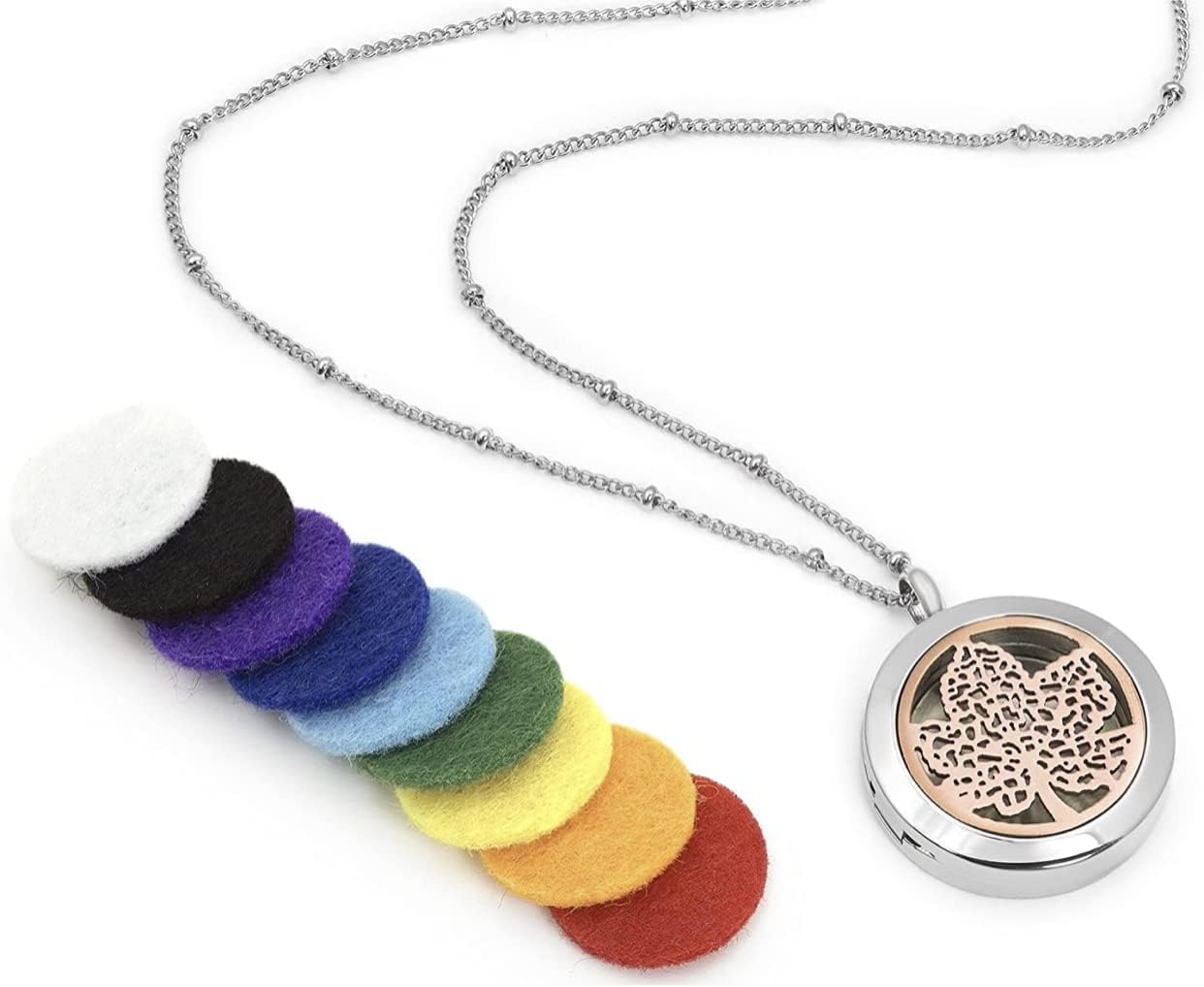 AromaLove London Leaf of Serenity Essential Oil Diffuser Necklace - Aromatherapy Jewelry 316L Surgical Grade Stainless Steel, 20.8" Chain + 9 Washable Insert Pads (Rose Gold and Silver)