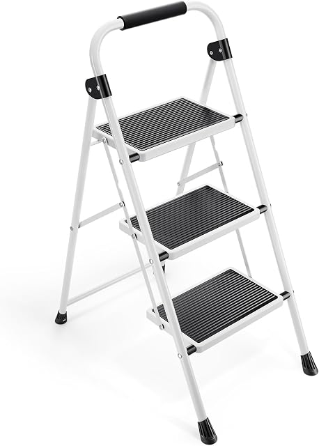 KINGRACK 3 Step Ladder, Folding Step Ladder, Kitchen Ladder with Anti-Slip and Wide Pedal, Small Step Stool with Handrails, Lightweight Portable Stepladder for Home Kitchen Household, White