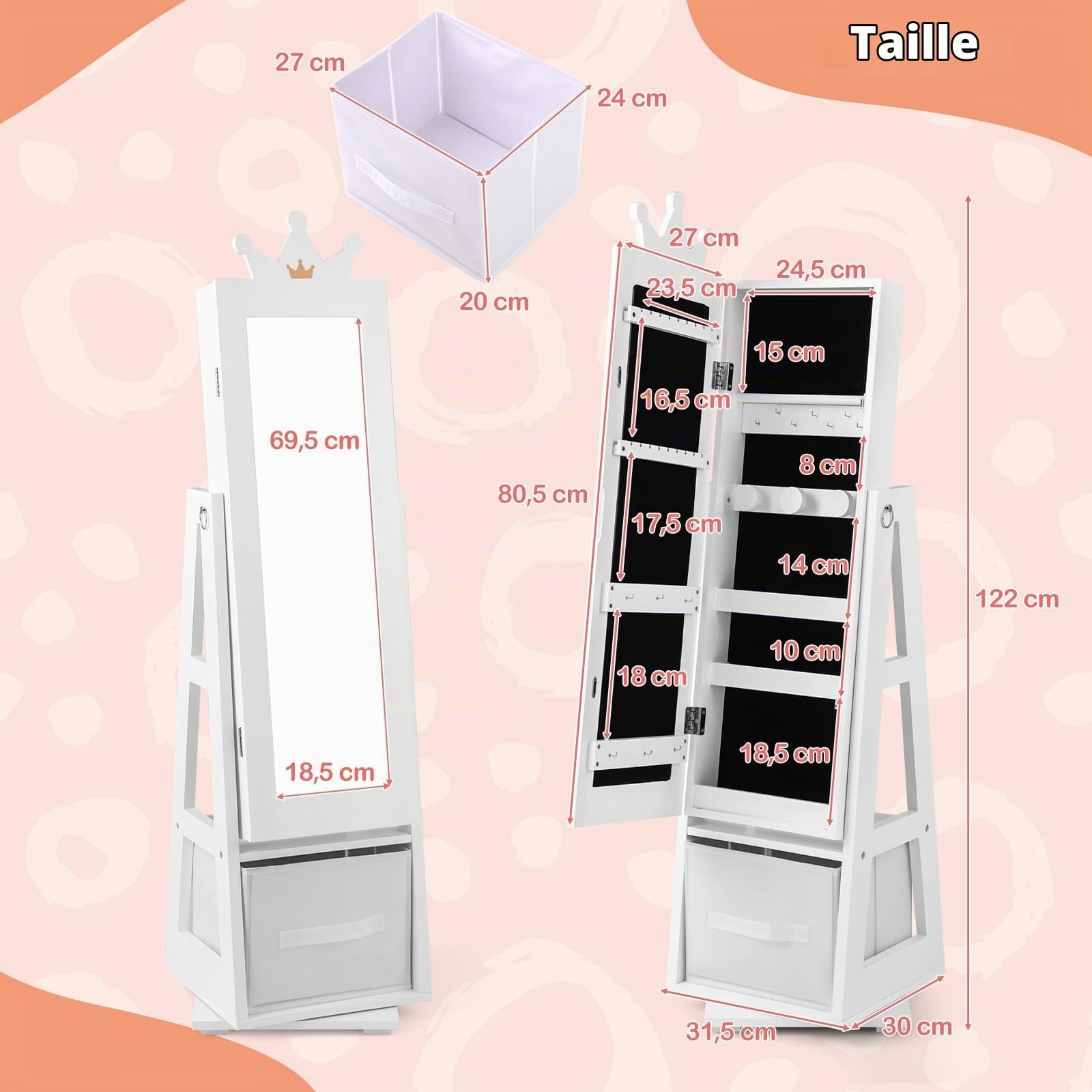 FANTASK Armoire à bijoux 3 en 1 pour enfants - Pivote à 360° - Avec miroir pleine longueur et panier de rangement - Blanc - Étagère à bijoux - Miroir de maquillage en forme de couronne - Pour enfants
