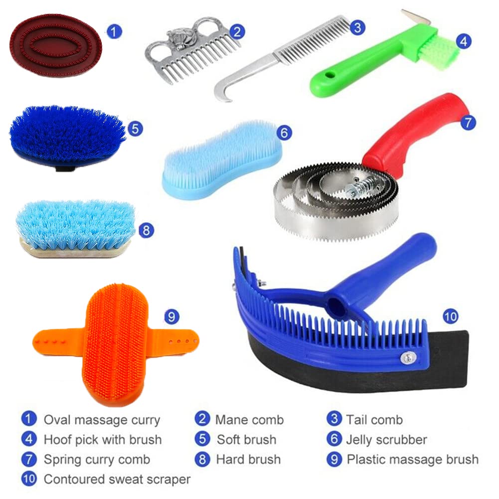 Juego de 10 piezas de aseo de caballos, kit de herramientas multiusos de cuidado ecuestre con bolsa de almacenamiento para limpieza de enfermería (color al azar)