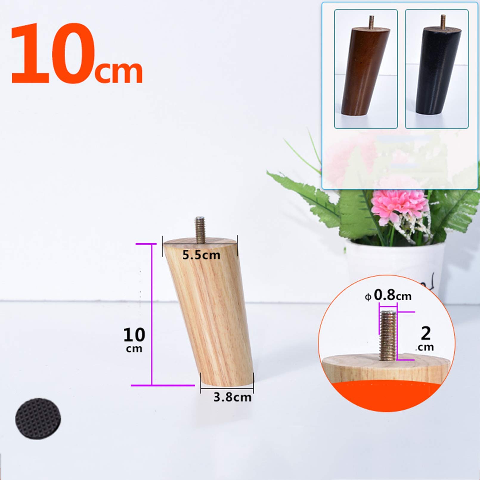 Set di 4 gambe coniche di ricambio per mobili in legno massello, con filettatura M8, tappetini antiscivolo, altezza 10 cm, piedini in legno di gomma per poltrone, armadietti, cassettiere, sedie, per