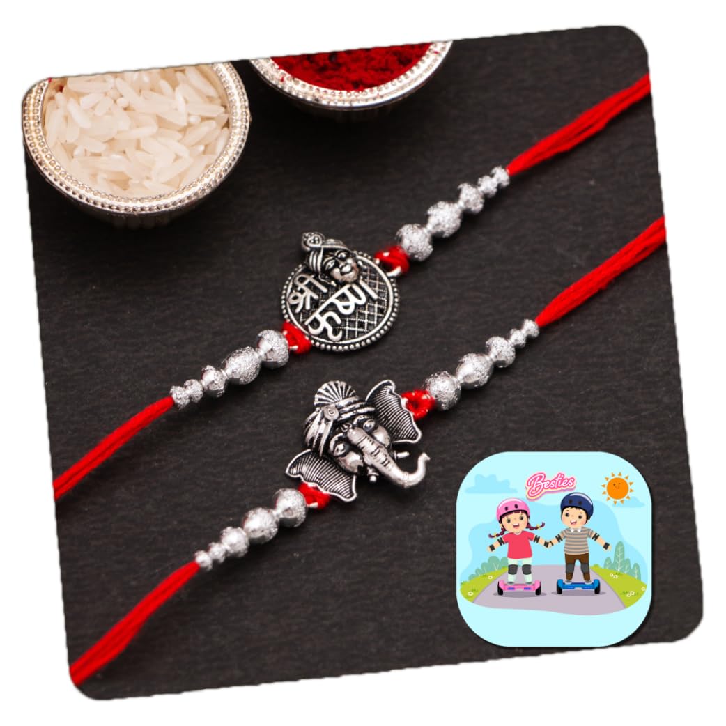 Silver rakhi for brother Set of 2 - Krishna Ganesha Rakhis for Brother Bhai Bhaiya - Dessigner Rakhi Set of 2 for 1 Fridge Magnet Men Boys Kids Rakshabandhan Designer Thread Bracelet Rakhi-image-41