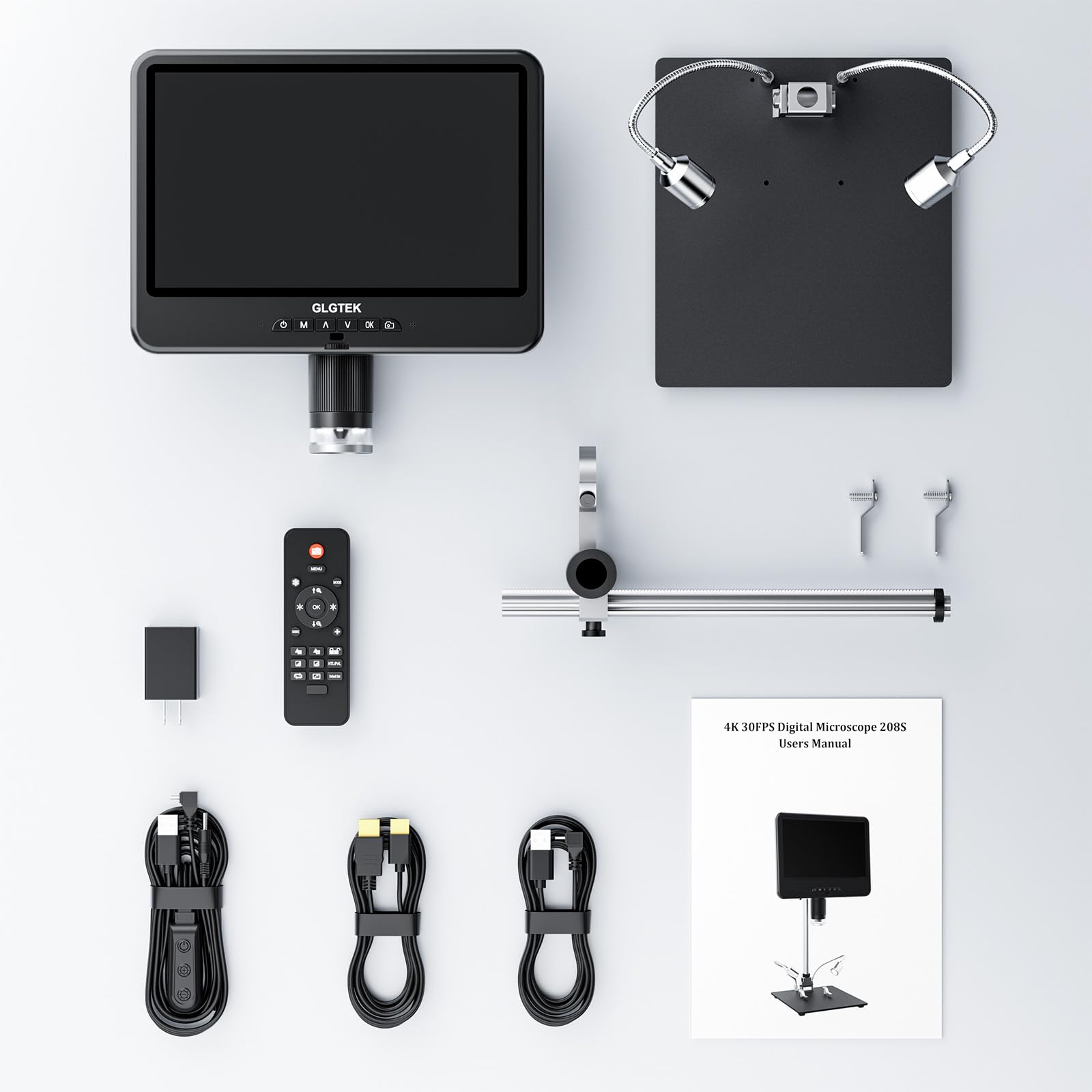 GLG208SE - Microscopio digital HDMI 4K 30FPS 1500X con micrófono para reparación electrónica, pantalla dual de 10.1 pulgadas, audio de video UHD 3840P para soldadura PCB, microscopio de monedas, vista
