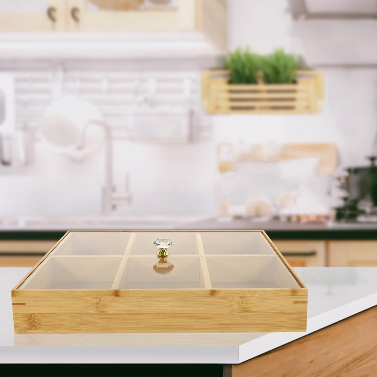 Amosfun Bamboo Nut and Candy Serving Tray, Tea Bag Storage - 6 Grids Snack Tray Platter with Lid and Removable Dividers for Nuts, Candy, Cookies 13.26 X 9.05 X 2.36 Inches