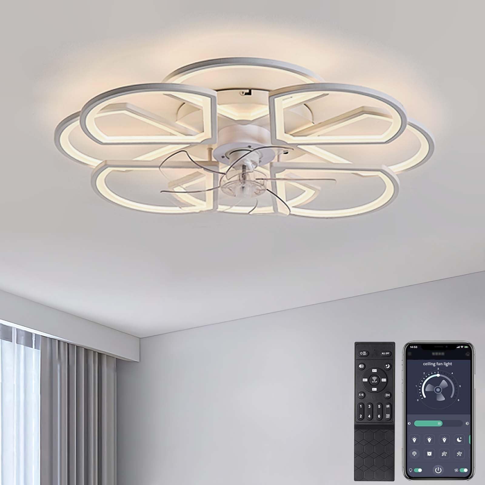 NHPJFDC Modern 50cm Black Ceiling Fan with Dimmable LED Light 6-Speed Silent Remote Control & Timer Low Profile Design for Bedroom Living Room (White 80)