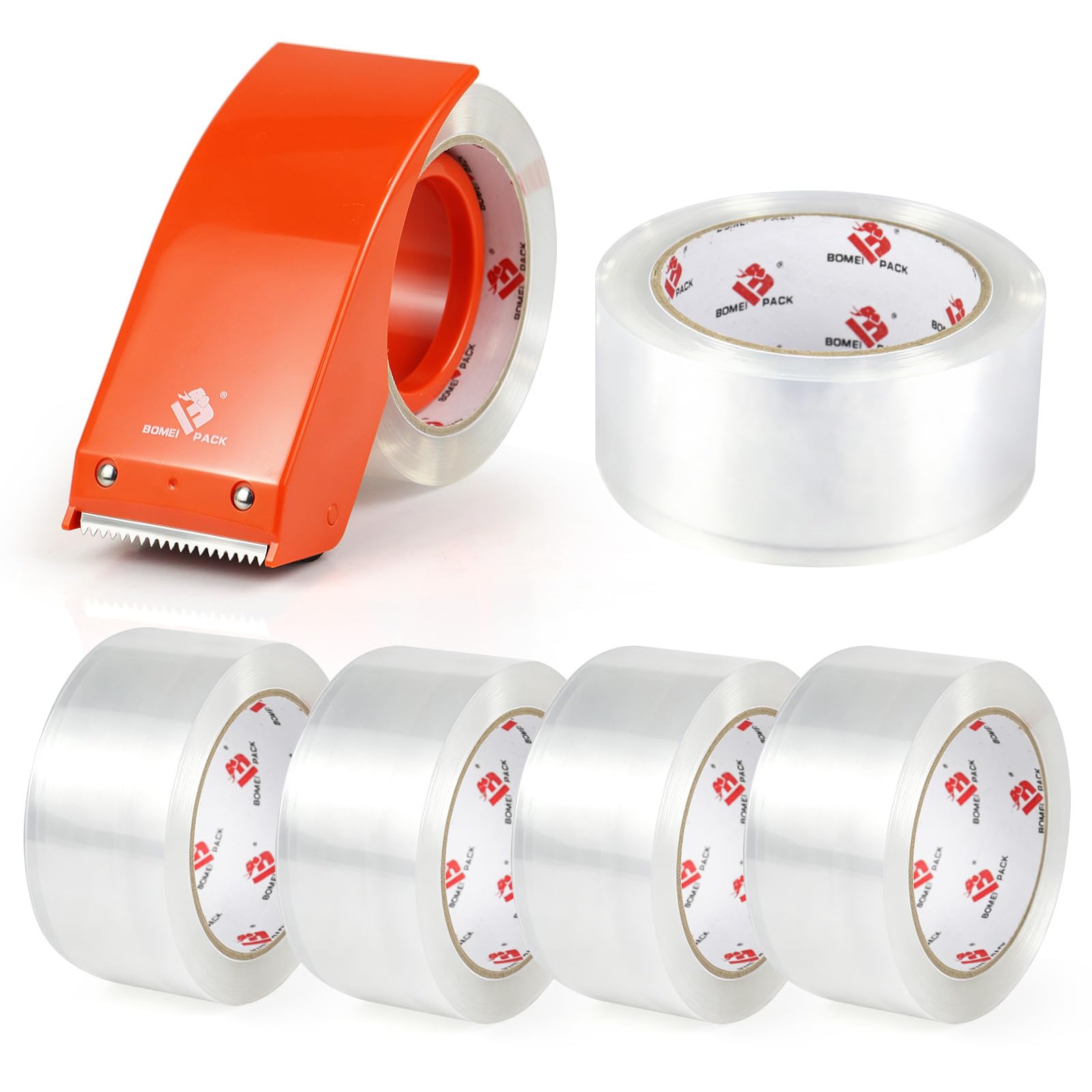 BOMEI PACK Ruban adhésif d'emballage robuste avec distributeur de 4,8 cm x 60 m, ruban adhésif transparent pour emballage, expédition, déménagement, stockage et courrier, 6 rouleaux de ruban adhésif