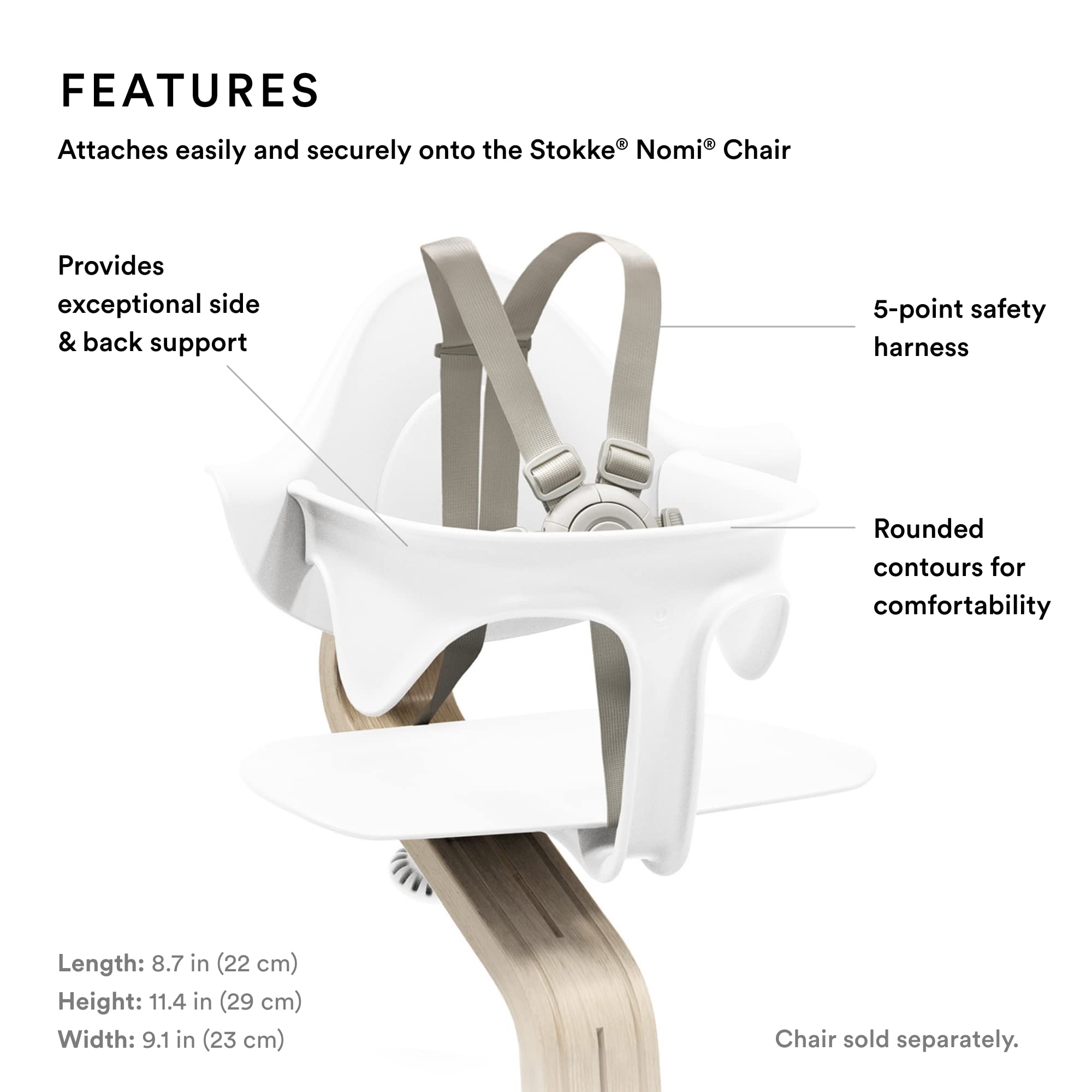 Stokke Nomi Baby Set, White - Provides Side & Back Support While Baby Learns to Sit - Includes Removable Harness for Ages 6-36 Months