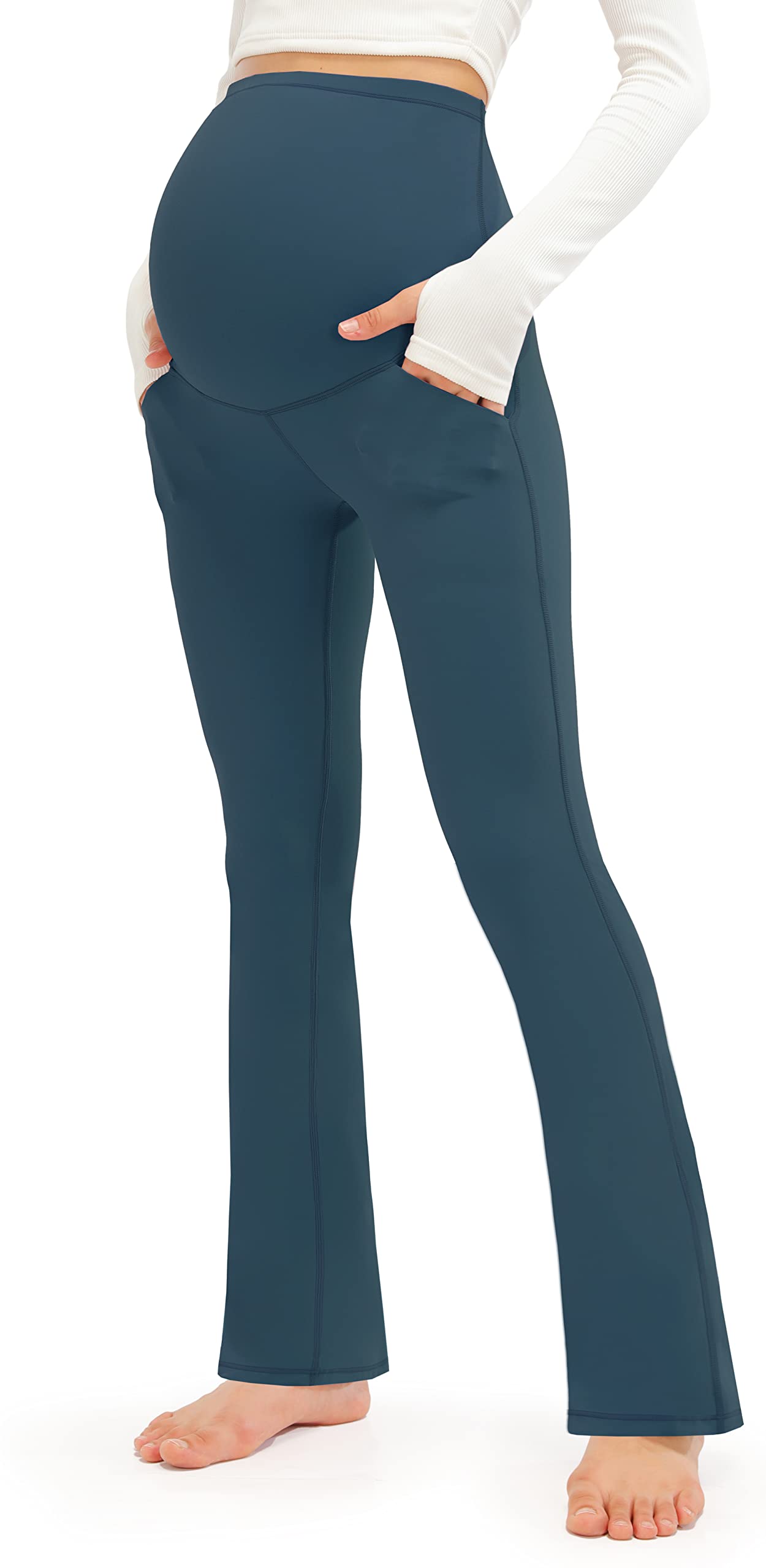 JOYSPELSSmooth Feeling Maternity Pants with Pockets Over The Belly Flare Maternity Leggings Pregnancy Yoga Pants