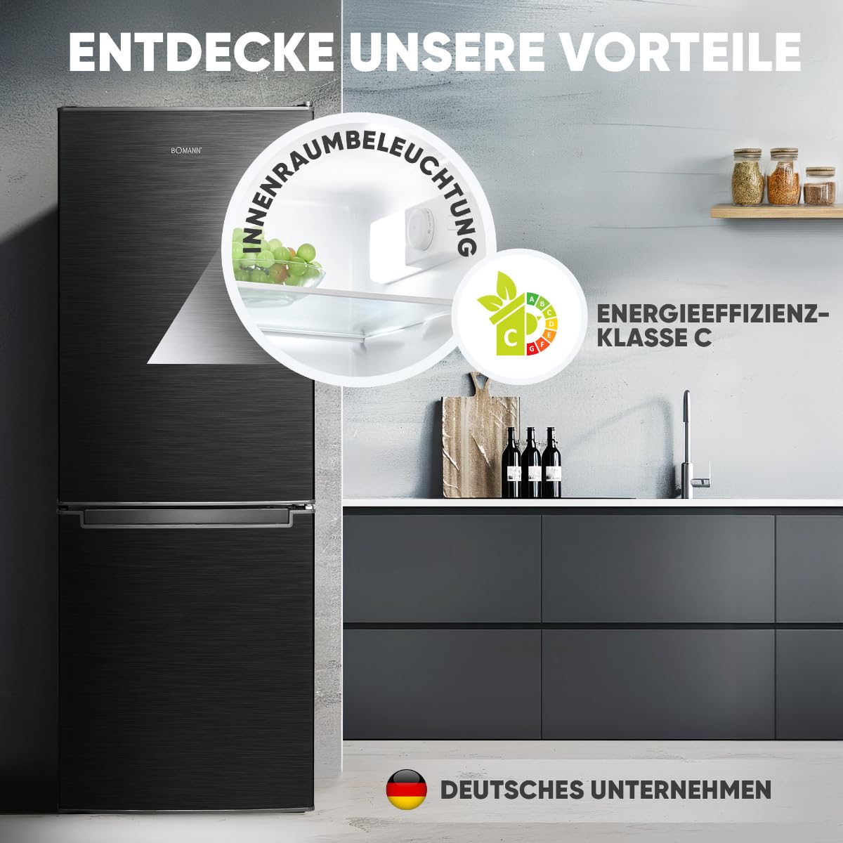 Bomann, Réfrigérateur et Congélateur 173L KG7359-Noir, 121L Réfrigérateur, 52L Congélateur 4 Étoiles, Contrôle Température, Éclairage LED, Design Réversible, Idéal pour Cuisine Moderne