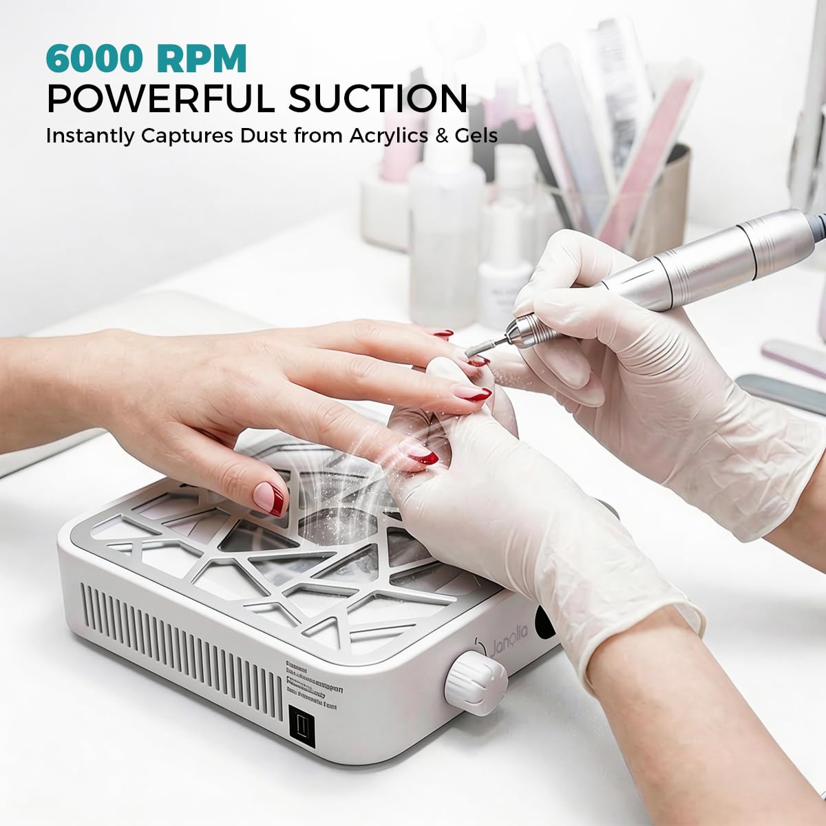Janolia Aspirateur Ongle sans Fil - 6000 TR/Min & Réglage en 10 Niveaux, avec 30 Filtres en Papier pour Salon et Maison