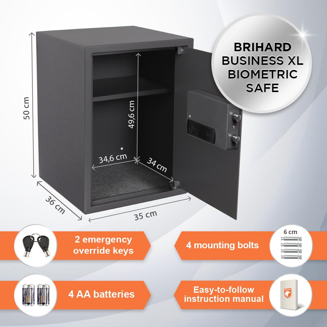 Sejf biometryczny Brihard - 2w1 Cyfrowy Sejf na Klawiaturę i Odcisk Palca - Biznesowy XL sejf LCD 50x35x36cm - Duży Sejff z blokadą przeciwłamaniową ze wskaźnikami LED do biura, domu, gotówki, laptopa