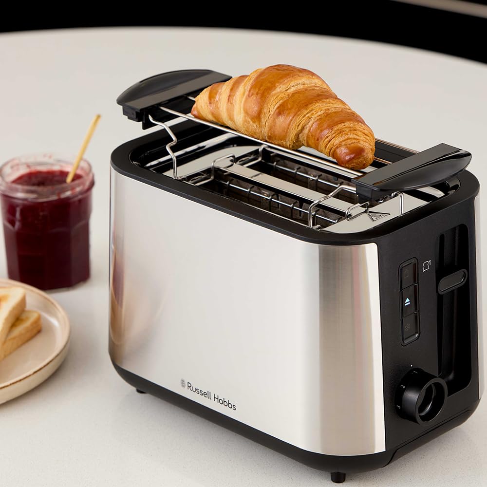 Russell Hobbs Grille-pain 2 fentes XL (6 niveaux de brunissage, surélévation, dégivrage, réchauffe-viennoiseries, arrêt auto., ramasse-miettes amovible, surface en acier inox. brossé) Heaton 27390-56