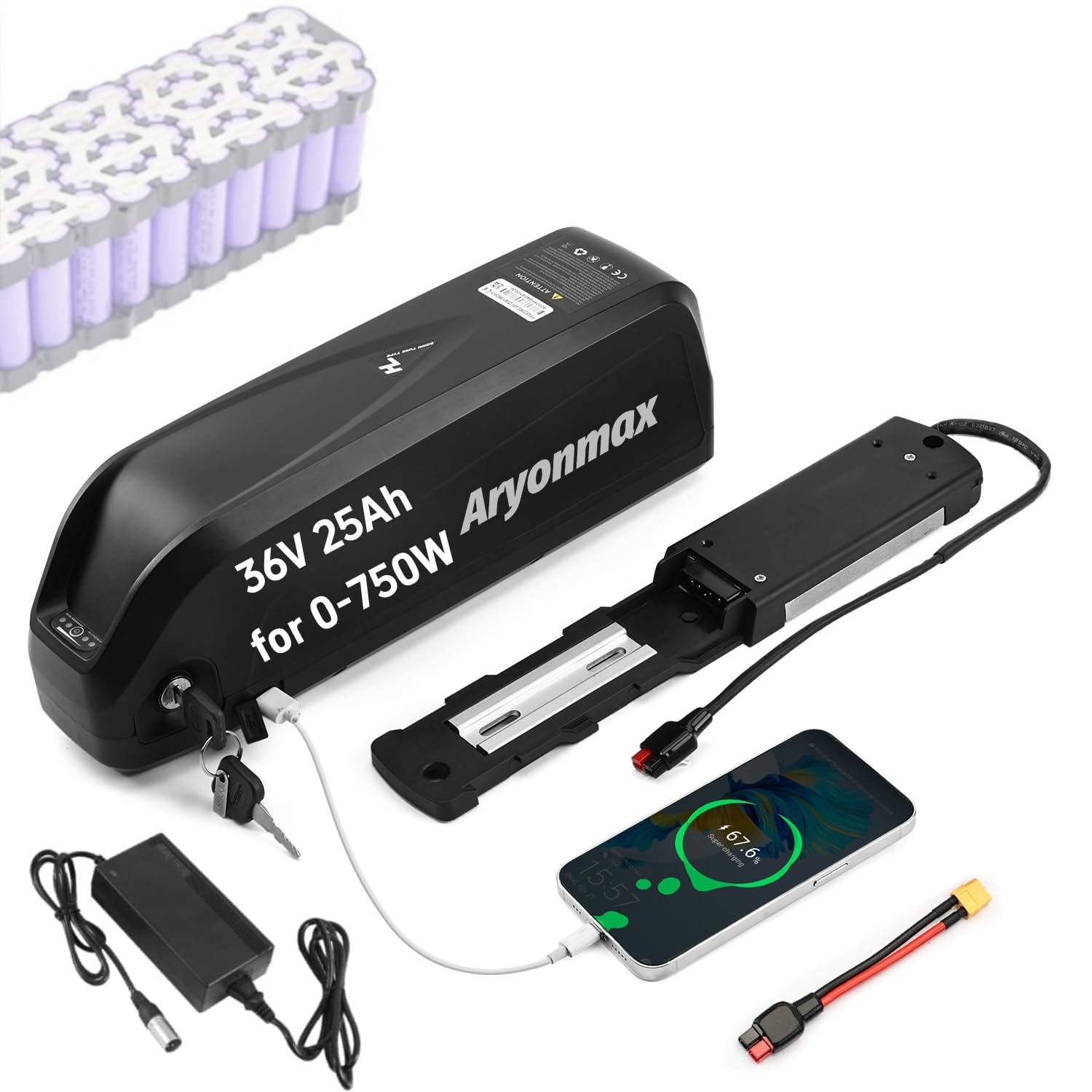 (UK Stock) 36V 48V 52V Ebike Battery 10-25Ah with Charger, Large Capacity Long Range Safe Lithium Electric Bike Battery (Hailong 36V 25Ah 5Pin+USB)