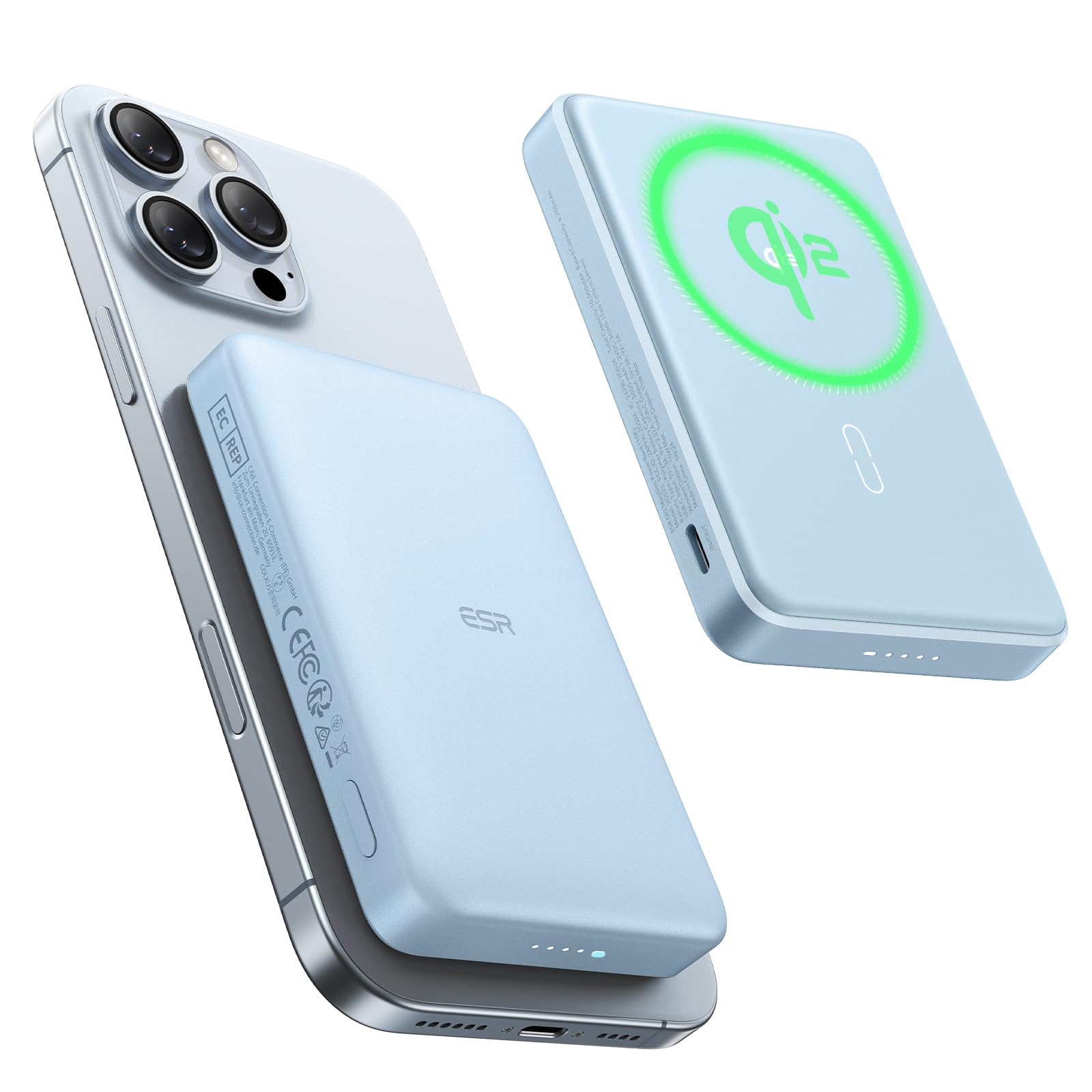 ESR for MagSafe Power Bank, Ultra-Compact 10,000mAh MagSafe Portable Charger, Qi2 Certified 15W Ultra-Fast Battery Pack, 27W USB-C MagSlim Charger with Cable for iPhone 16/15/14/13/12, Sky Blue