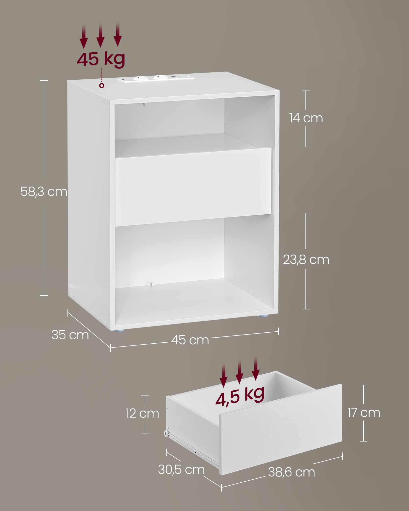 VASAGLE Comodino, Snapsemble Montaggio Rapido, Tavolino con Stazione di Ricarica, Moderno, Cassetto, per Camera da Letto e Soggiorno, Bianco Opaco LET777W04