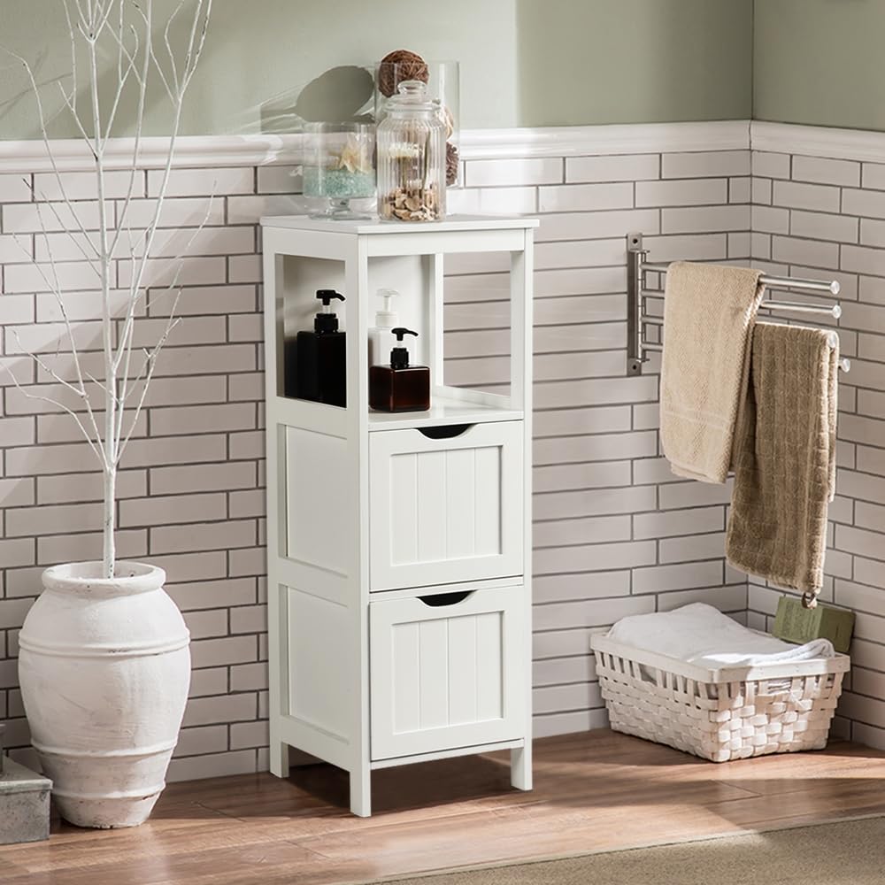 Yaheetech Meuble Rangement Salle de Bain 30 x 30 x 89 cm Blanc | Colonne Salle de Bain, Armoire Toilette avec à 2 Tiroirs et 1 Compartiment Ouvert, pour Salle de Bain, Salon, Cuisine