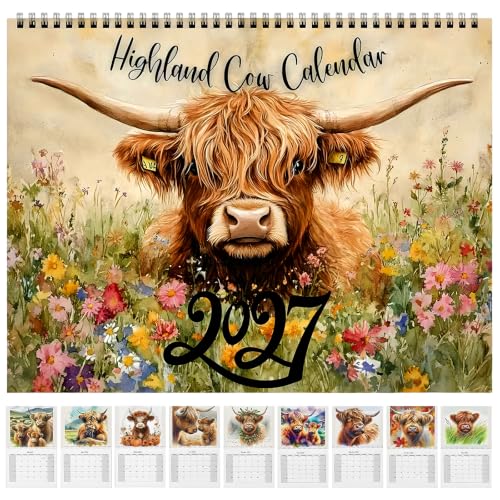 Highland Cow Calendar 2027 - Highland Cows Wall Art Calendars 12 Month Rustic Farmhouse Scottish Cow Hanging Monthly Planner with Full-Color Illustrations for Home Office Decor & Animal Lovers Gift